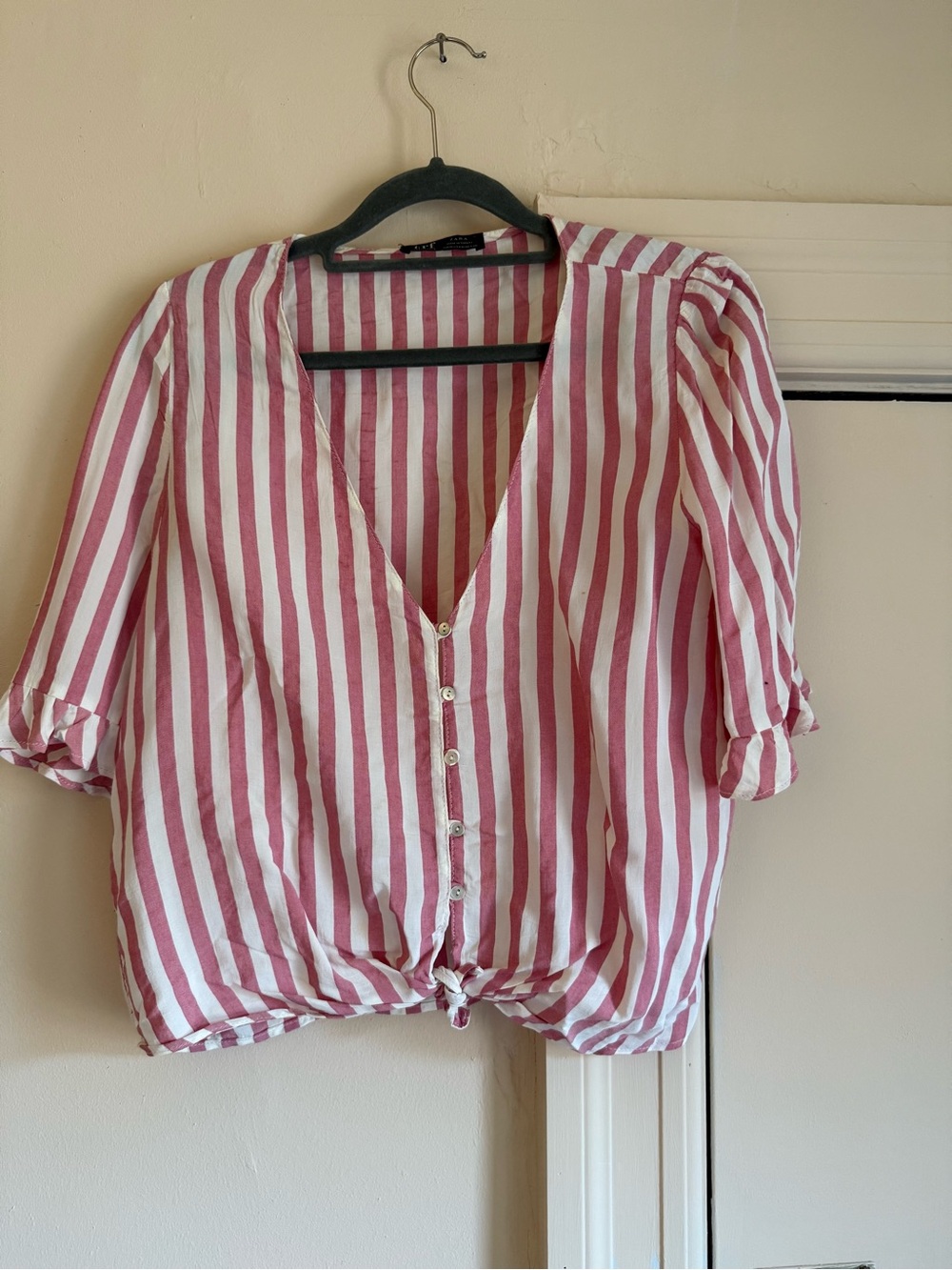 Zara Pink and White Vertical Stripe Tie-Hem Blouse